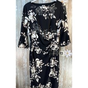Anne Klein Dress Women's Sz 8 Black White‎ Floral Faux Wrap Stretch Knit Slinky